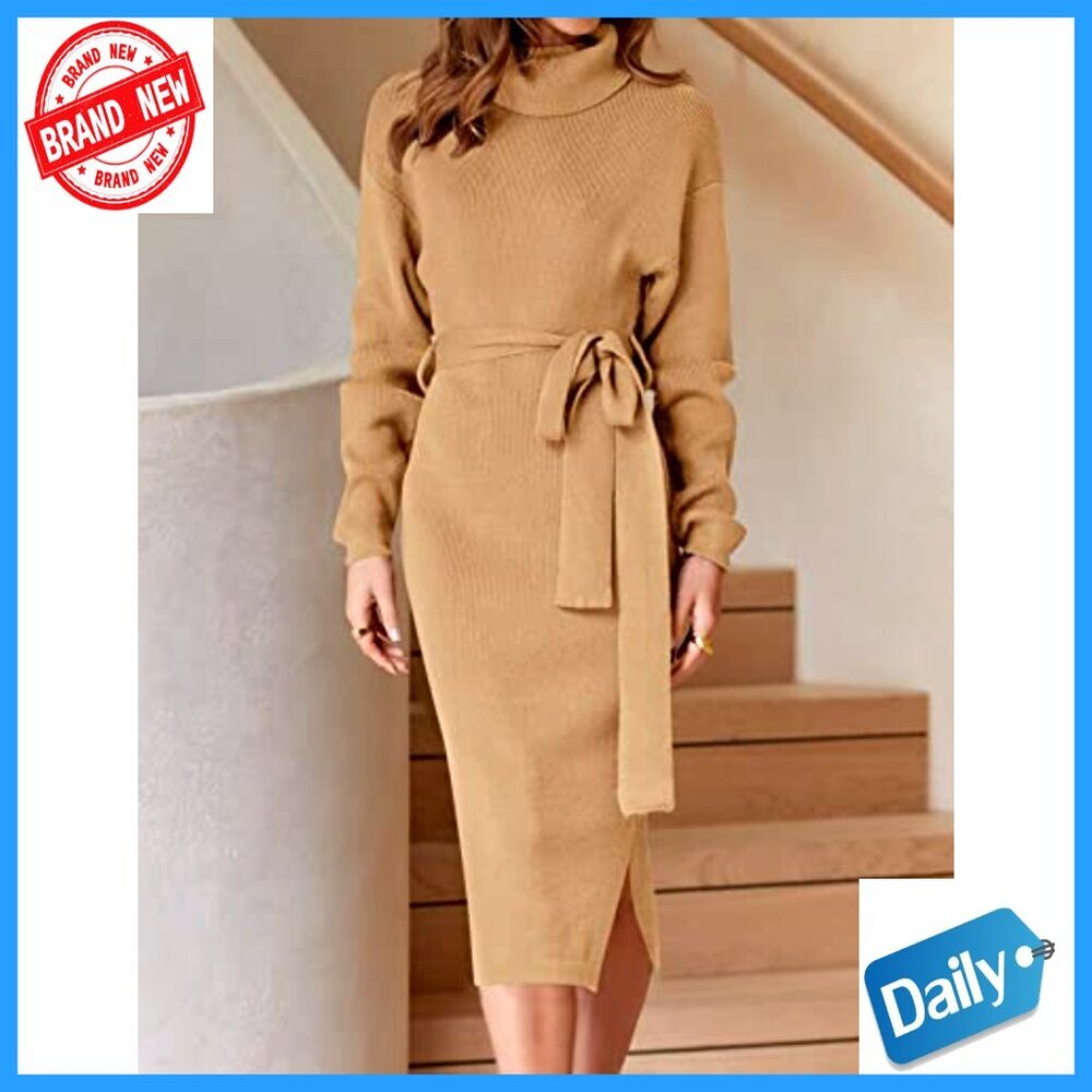 Long Sleeve Turtleneck Sweater Dress Midi Bodycon Ribbed Knit Belted - Picture 6 of 7